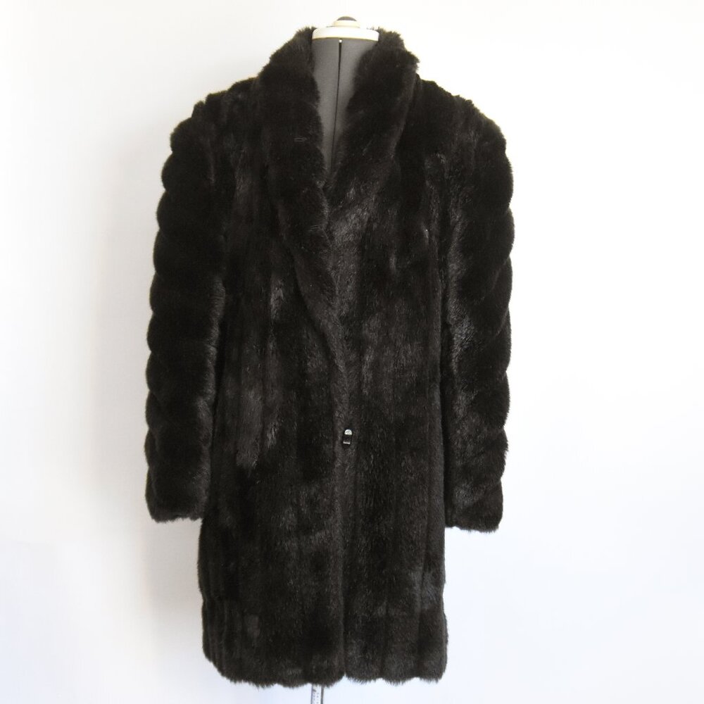 Vintage Dark Brown Chestnut Faux Fur Coat Chevron Sleeve Mob Wife L/XL